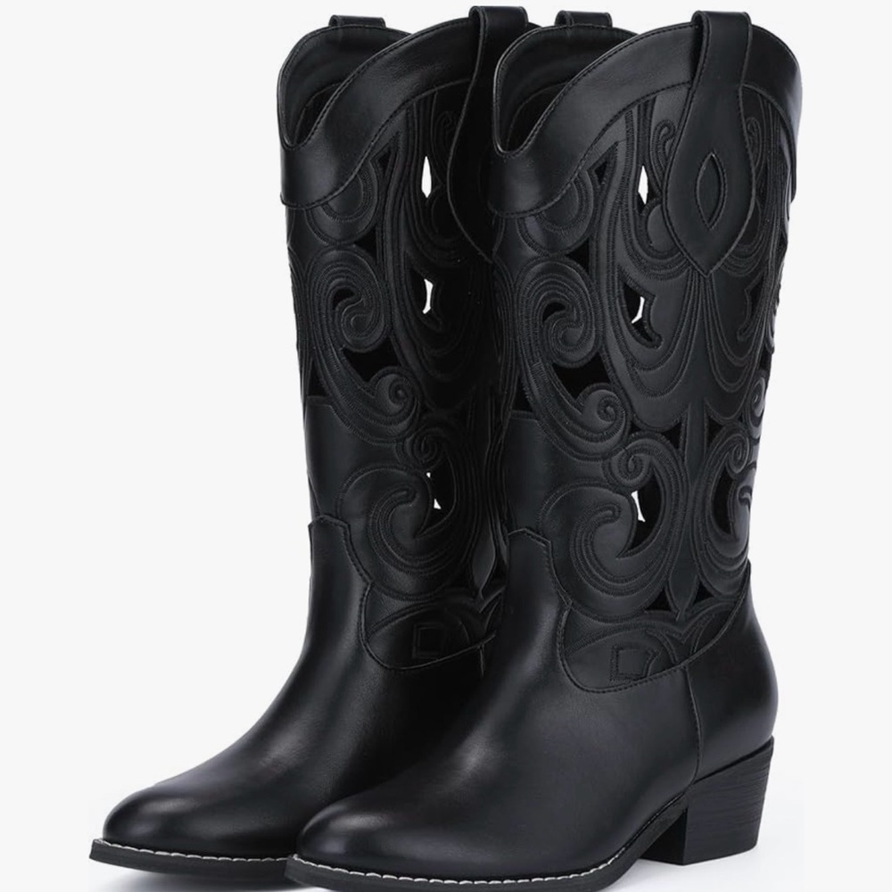 Women’s Leather Embroidered Cutout Cowboy Boots Size 10